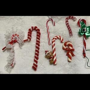 Vintage Christmas Ornament Lot Of 7 Handmade Beaded Knit Candy Cane Red White